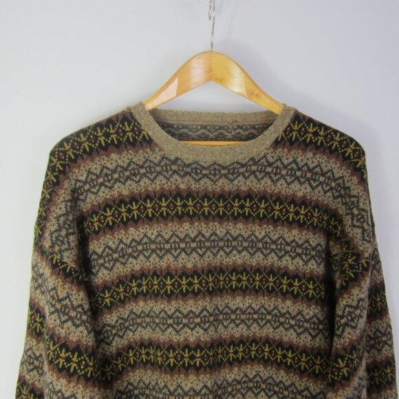 Geoffrey Beene Mens Large Brown Black Lambswool Fair Isle Sweater Crew Neck - Picture 5 of 8